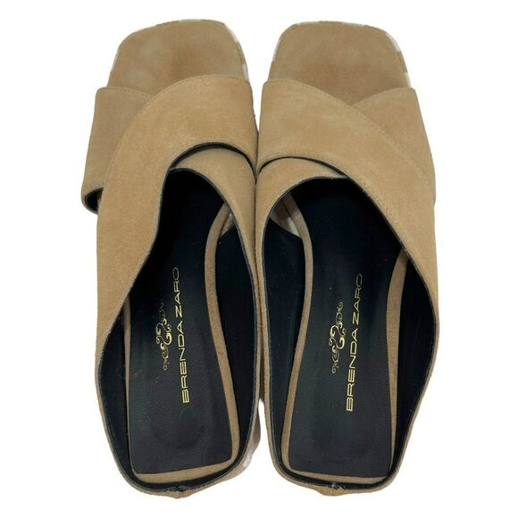 Brenda Zaro Square Toe Tan & White Striped Platform Suede Block Heel Sandals - Picture 11 of 12